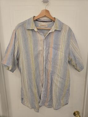 Tommy Bahama Medium Linen Striped Short-Sleeve Button-Down - Light Blue, Yellow